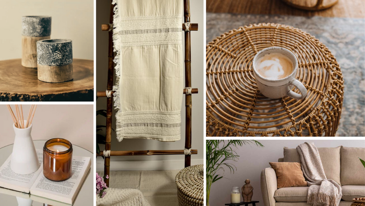 A selection of eco-friendly home decor items arranged to enhance the living room and bedroom, promoting a sustainable and inviting atmosphere.