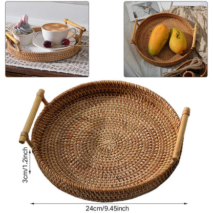 Rattan Handwoven Round Tray with Handle