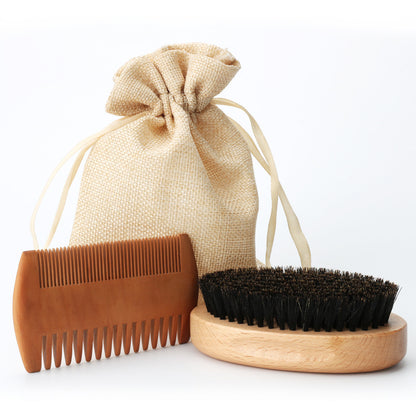 Beech Wood Beard Brush Set with Comb and Linen Bag