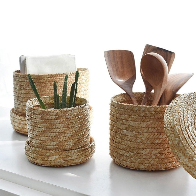 Woven Natural Wheat Straw Storage Baskets – Set of 3