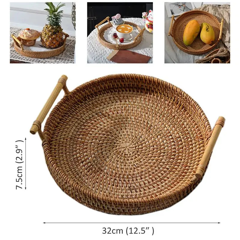 Rattan Handwoven Round Tray with Handle
