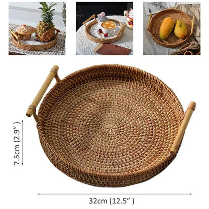 Rattan Handwoven Round Tray with Handle