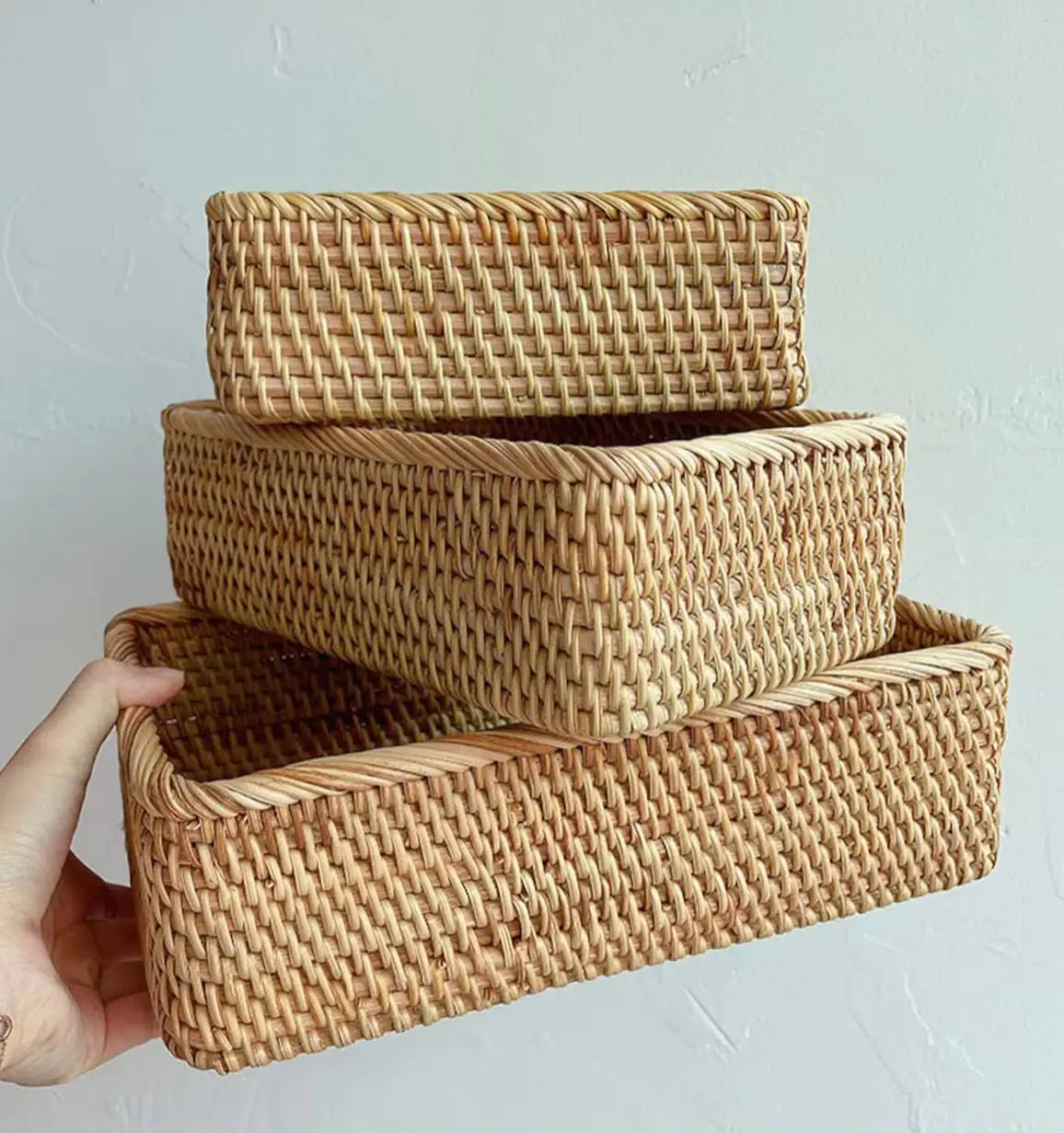 Rattan Rectangular Backet Set – Handmade 3 Pieces