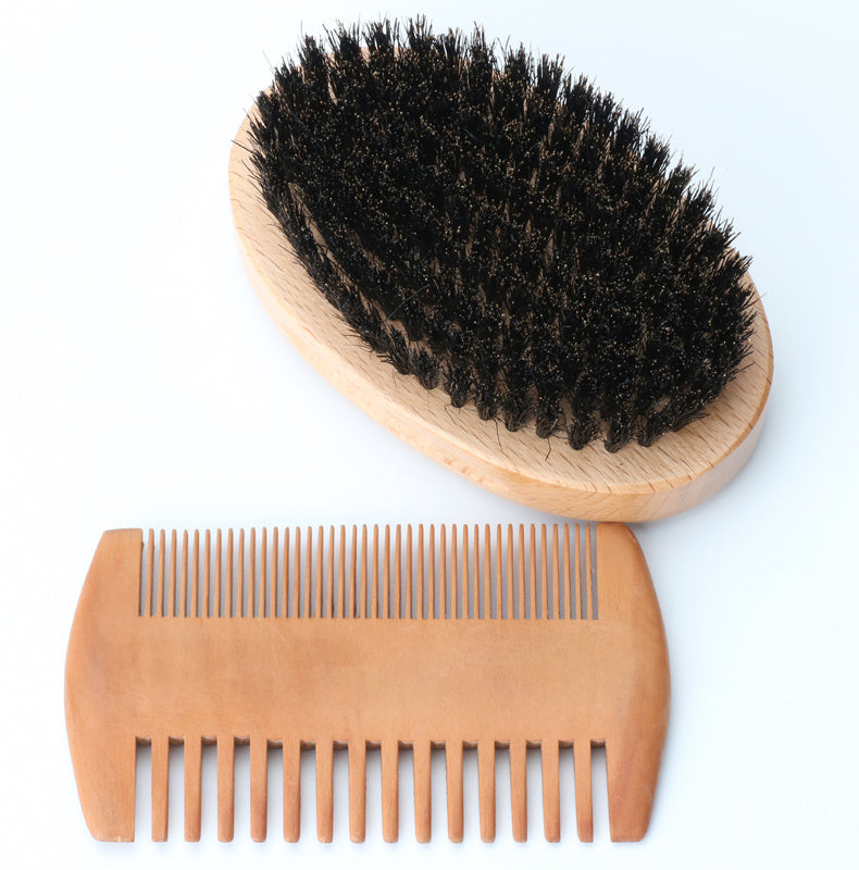 Beech Wood Beard Brush Set with Comb and Linen Bag