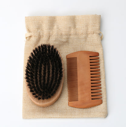 Beech Wood Beard Brush Set with Comb and Linen Bag