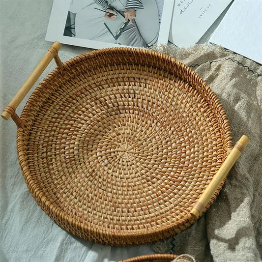 Rattan Handwoven Round Tray with Handle