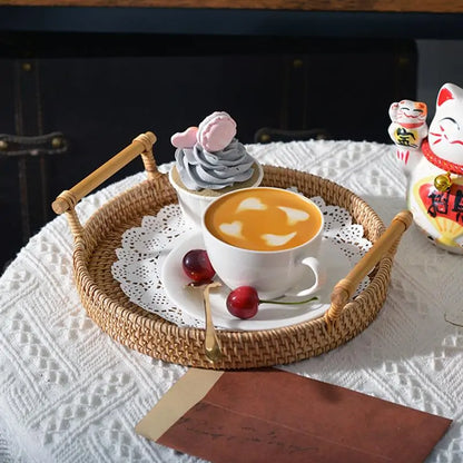 Rattan Handwoven Round Tray with Handle