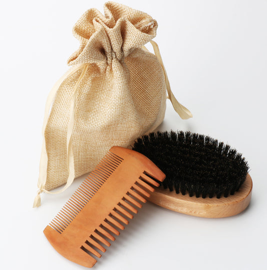 Beech Wood Beard Brush Set with Comb and Linen Bag