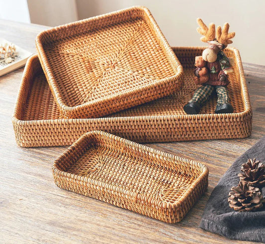 Rattan Rectangular Serving Tray – Handmade Set of 3